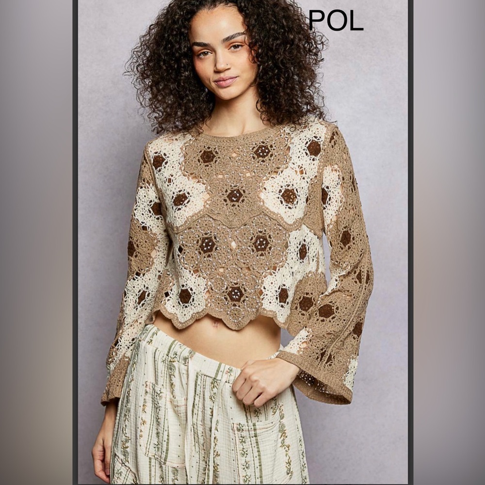 BP221-1🤎🤍NEW! POL pristine brown+cream Crochet Crop Top  w/bead details! Gorg! - Picture 8 of 8